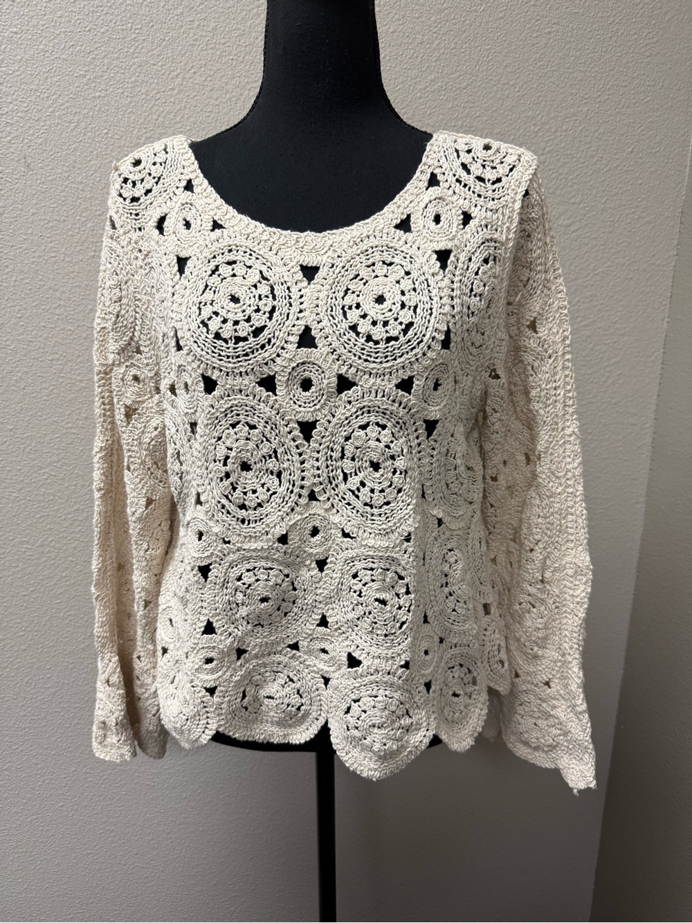 Ultra Pink Crochet Lace Sweater Boho Cotton Ivory Open Knit Top Medium
